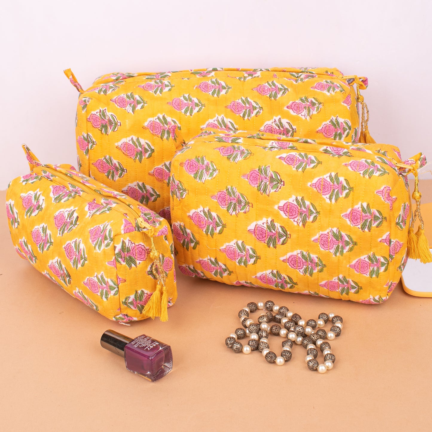 Set of 3 - Soft Cotton Quilted Makeup Bag | Travel Cosmetic Organizer | Handmade Gift