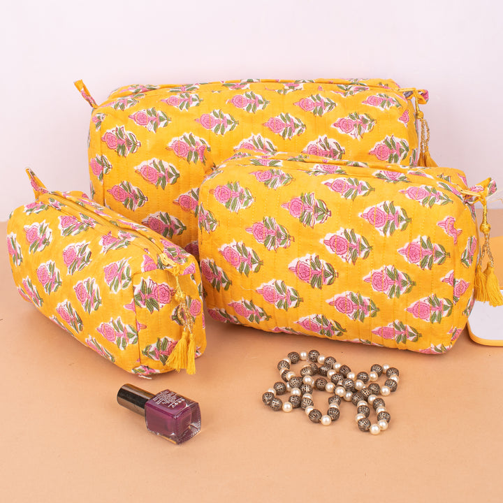 Set of 3 – Quilted Makeup Bag | Cotton Cosmetic Pouch &amp; Organizer