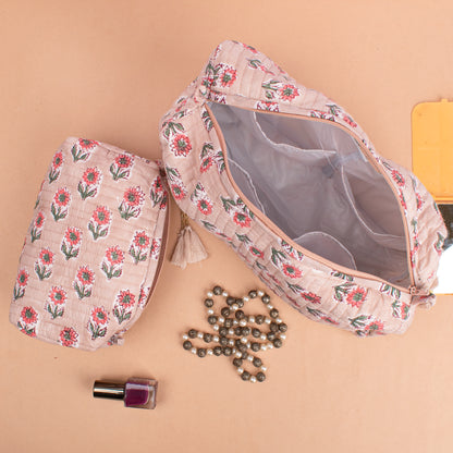 Set of 3 - Bohemian Quilted Makeup Bag | Floral Cosmetic Pouch | Cotton Toiletry Organizer