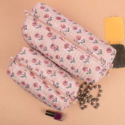 Set of 3 - Bohemian Quilted Makeup Bag | Floral Cosmetic Pouch | Cotton Toiletry Organizer