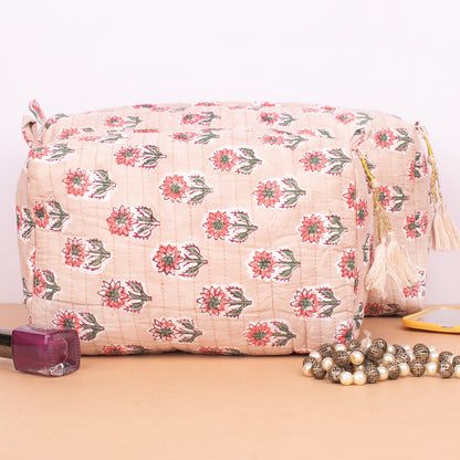 Set of 3 - Bohemian Quilted Makeup Bag | Floral Cosmetic Pouch | Cotton Toiletry Organizer