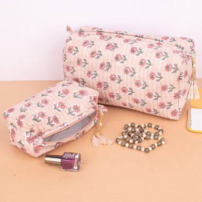 Set of 3 - Bohemian Quilted Makeup Bag | Floral Cosmetic Pouch | Cotton Toiletry Organizer