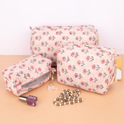 Set of 3 - Bohemian Quilted Makeup Bag | Floral Cosmetic Pouch | Cotton Toiletry Organizer