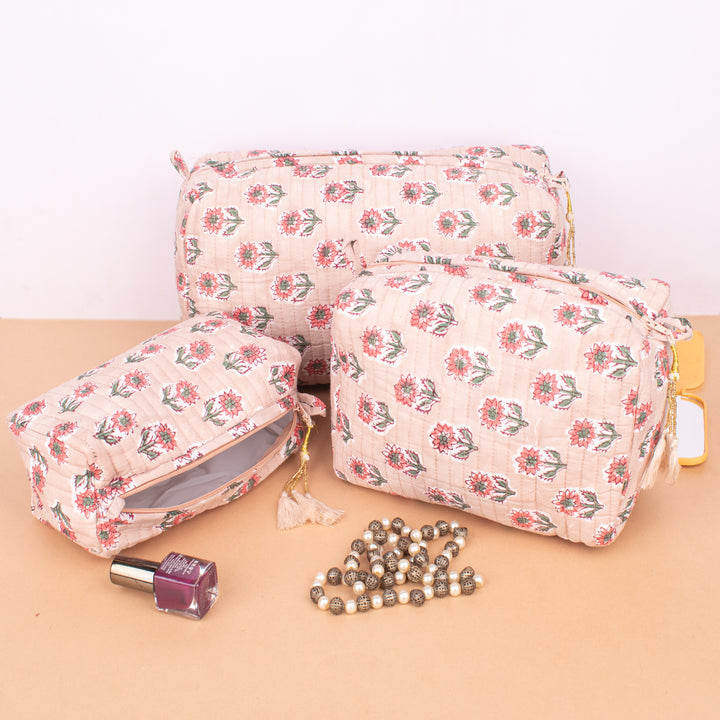 Set of 3 – Floral Makeup Bag | Cotton Cosmetic Pouch &amp; Organizer