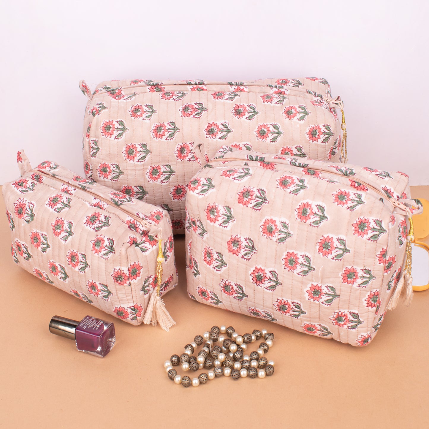 Set of 3 - Bohemian Quilted Makeup Bag | Floral Cosmetic Pouch | Cotton Toiletry Organizer