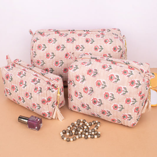 Set of 3 - Bohemian Quilted Makeup Bag | Floral Cosmetic Pouch | Cotton Toiletry Organizer