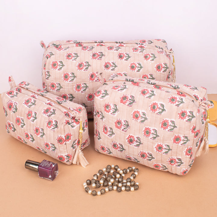 Set of 3 – Floral Makeup Bag | Cotton Cosmetic Pouch &amp; Organizer