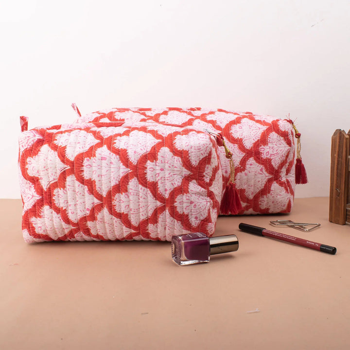 Set of 3 – Hand Block Makeup Bag | Cotton Cosmetic Pouch &amp; Organizer