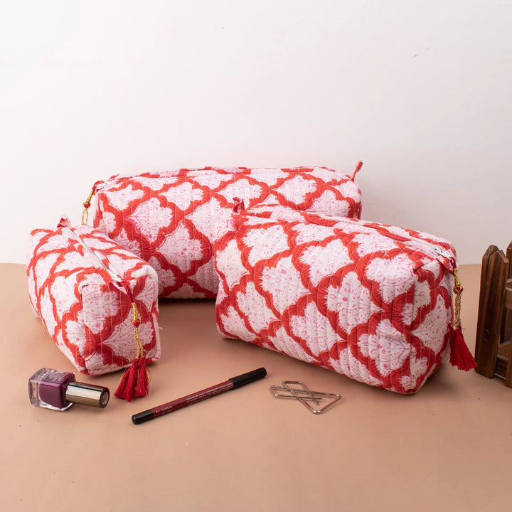 Set of 3 – Hand Block Makeup Bag | Cotton Cosmetic Pouch &amp; Organizer