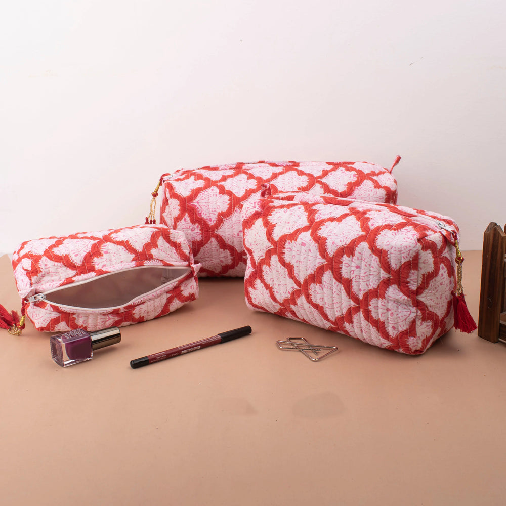 Set of 3 – Hand Block Makeup Bag | Cotton Cosmetic Pouch & Organizer