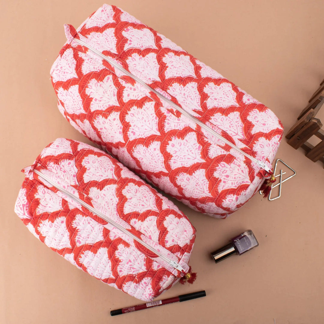 Set of 3 – Hand Block Makeup Bag | Cotton Cosmetic Pouch &amp; Organizer