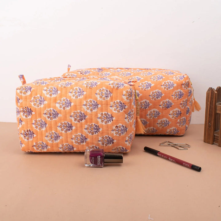 Set of 3 – Quilted Makeup Bag | Cotton Cosmetic Pouch &amp; Organizer