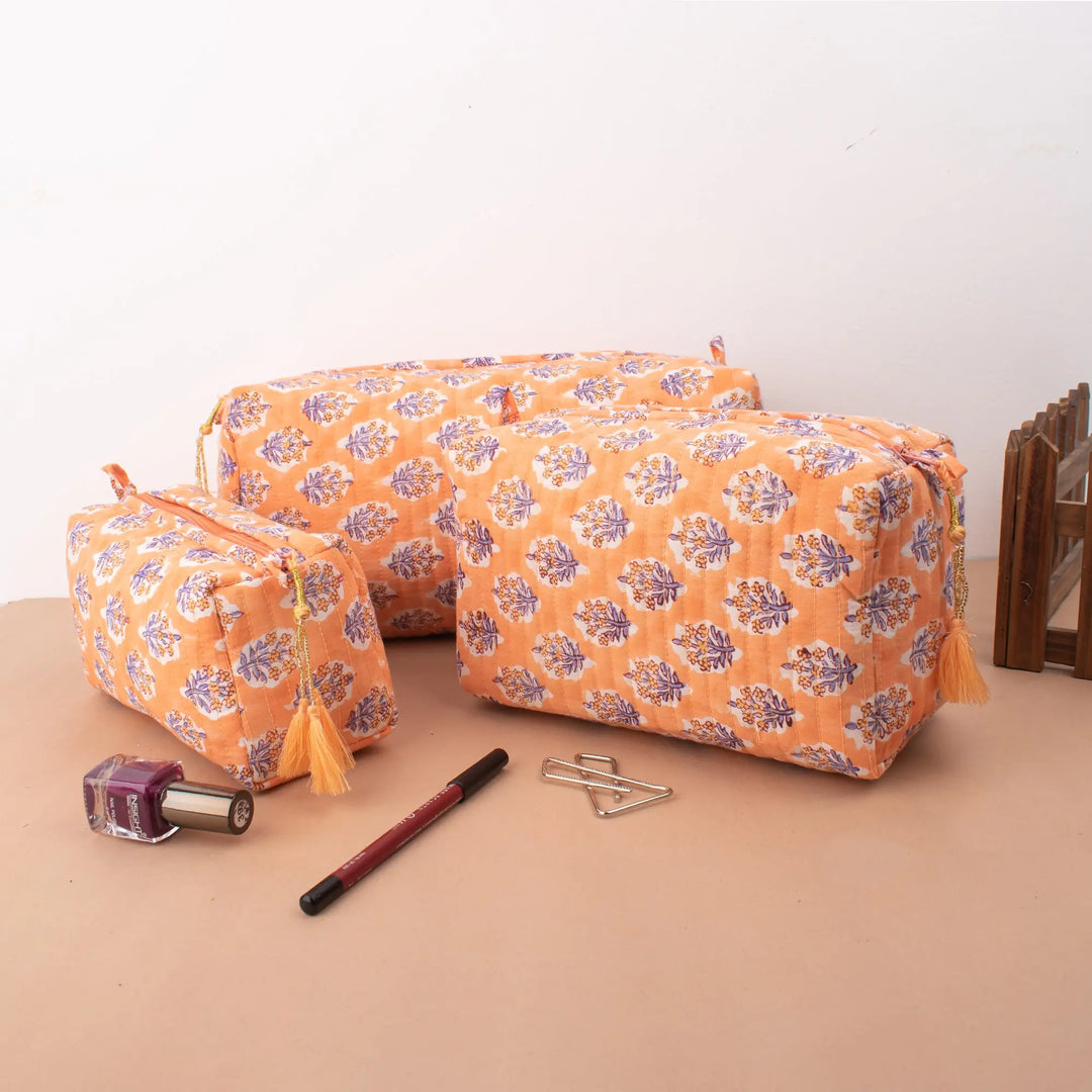 Set of 3 – Quilted Makeup Bag | Cotton Cosmetic Pouch &amp; Organizer