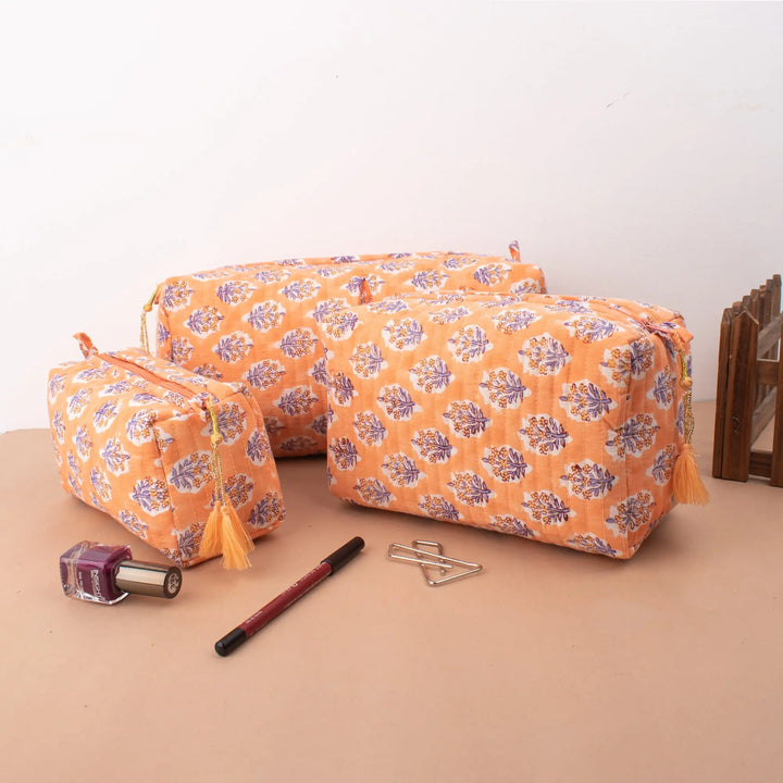 Set of 3 – Quilted Makeup Bag | Cotton Cosmetic Pouch &amp; Organizer