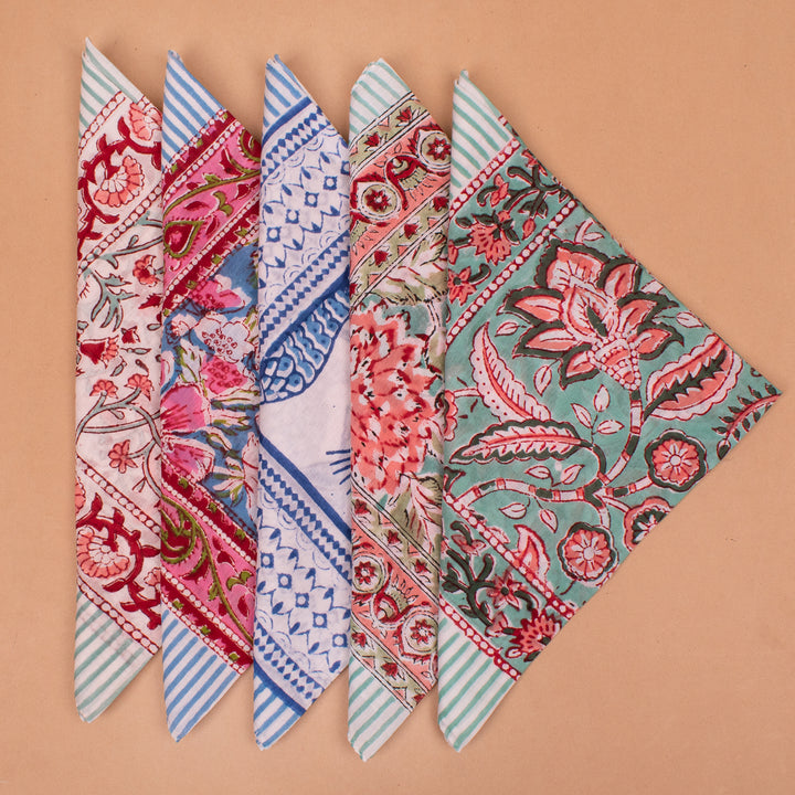 Set of 5 – Hand Block Cotton Bandanas | Printed Head Scarf &amp; Hair Wrap