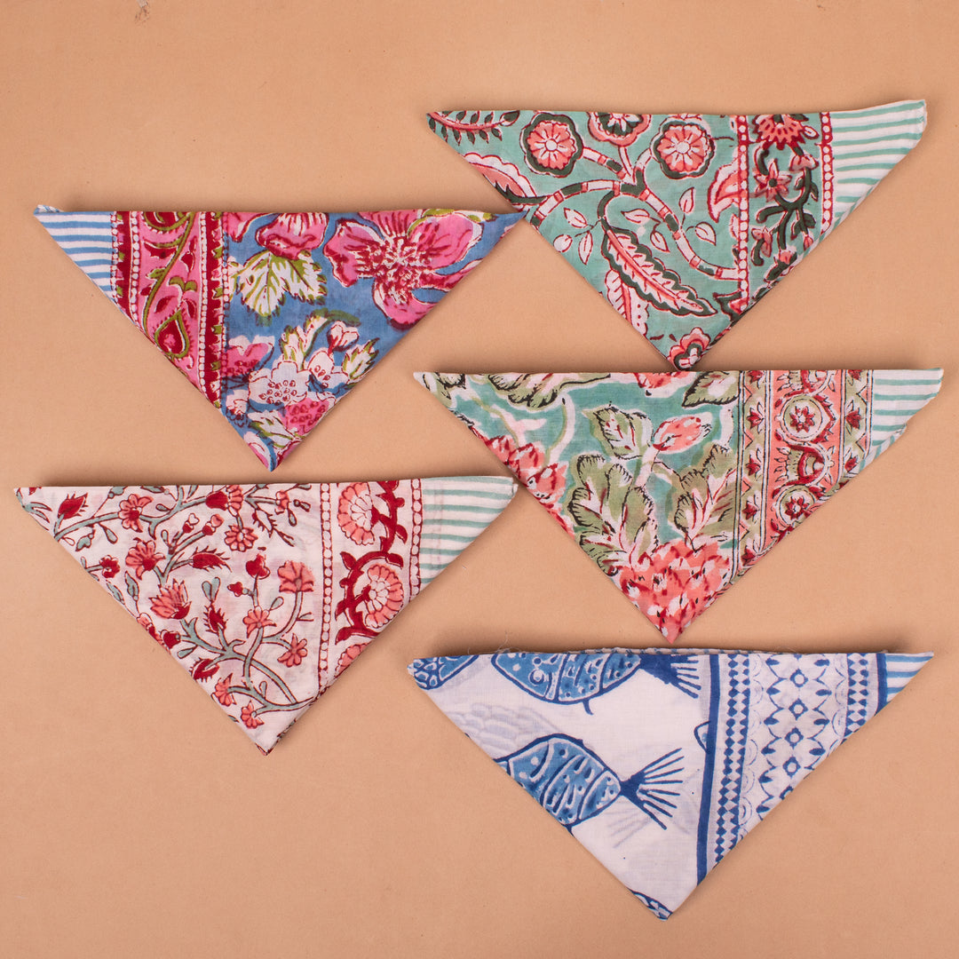 Set of 5 – Hand Block Cotton Bandanas | Printed Head Scarf &amp; Hair Wrap
