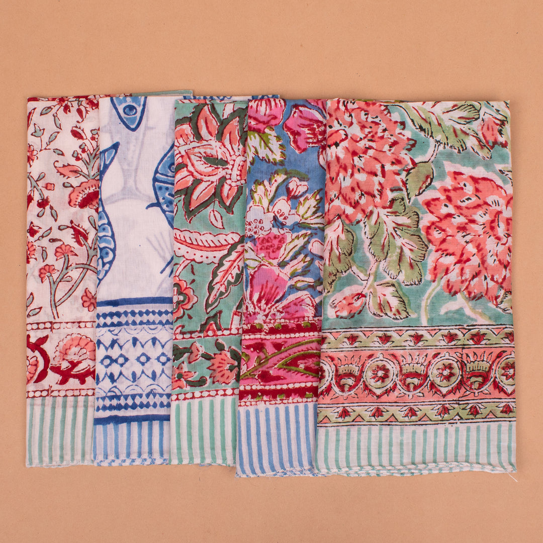 Set of 5 – Hand Block Cotton Bandanas | Printed Head Scarf &amp; Hair Wrap