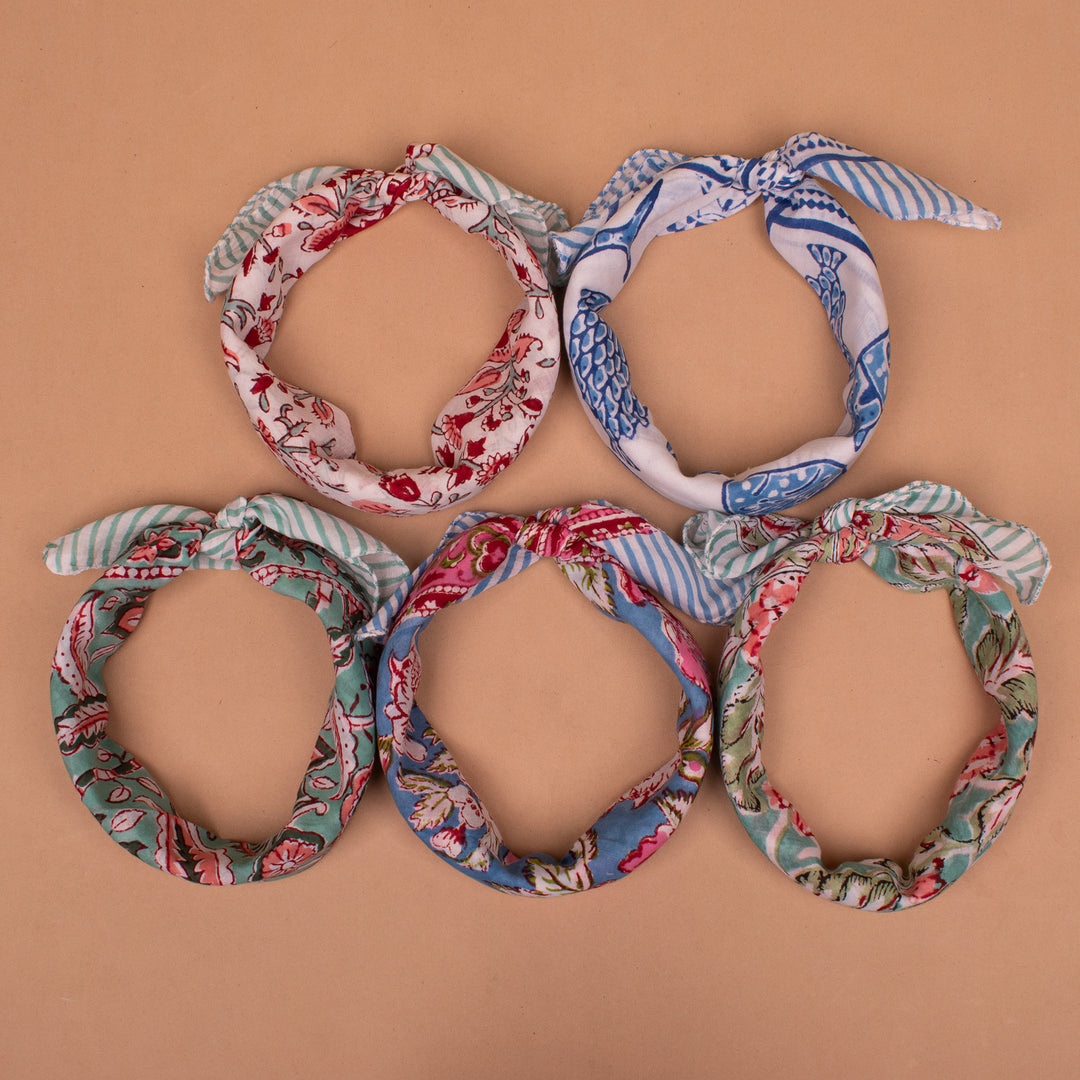 Set of 5 – Hand Block Cotton Bandanas | Printed Head Scarf &amp; Hair Wrap