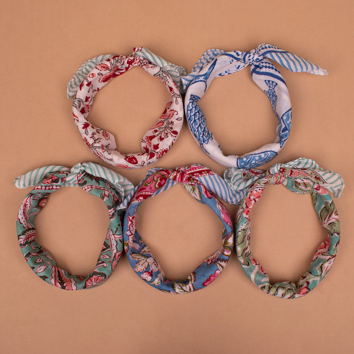 Set of 5 – Hand Block Cotton Bandanas | Printed Head Scarf &amp; Hair Wrap