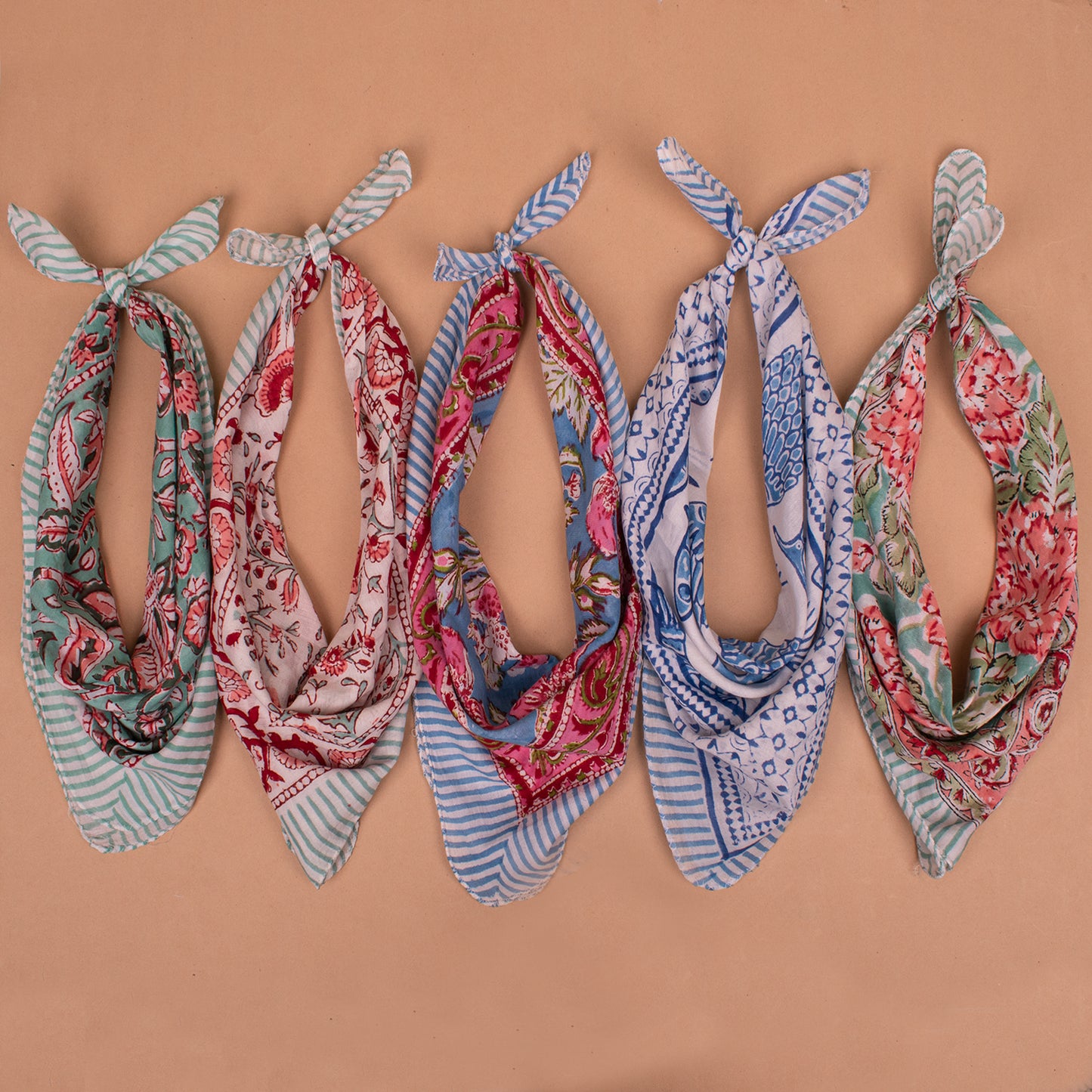 Set of 5 - Hand Block Printed Cotton Bandana | Handmade Fashion Head Scarf