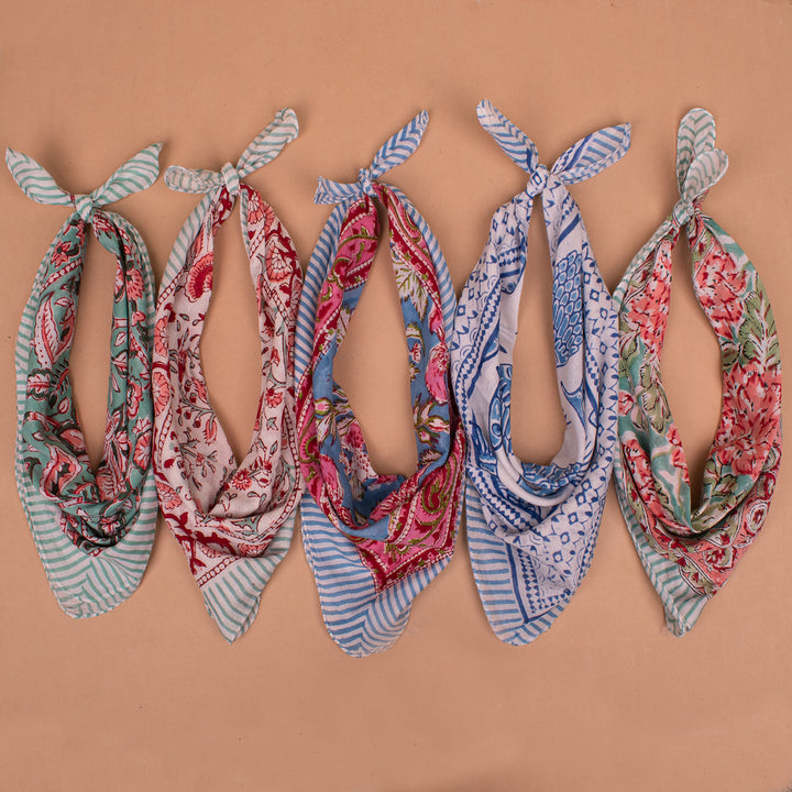 Set of 5 – Hand Block Cotton Bandanas | Printed Head Scarf &amp; Hair Wrap