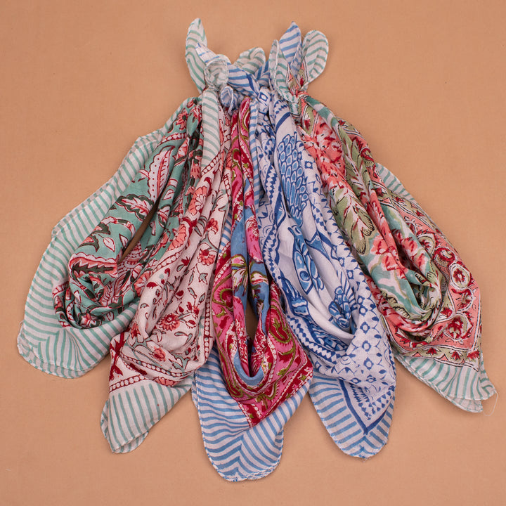 Set of 5 – Hand Block Cotton Bandanas | Printed Head Scarf &amp; Hair Wrap