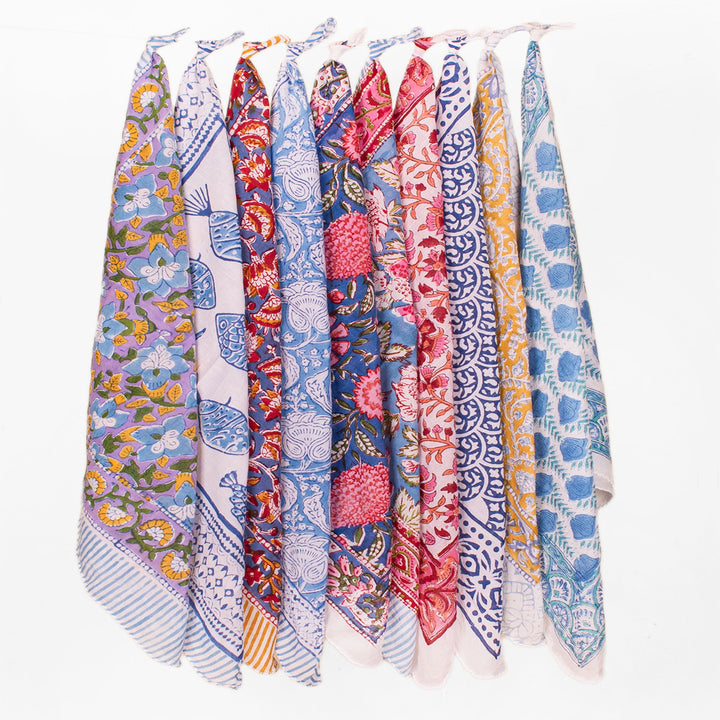 Set of 10 – Hand Block Cotton Bandanas | Hair Scarf &amp; Neck Wrap