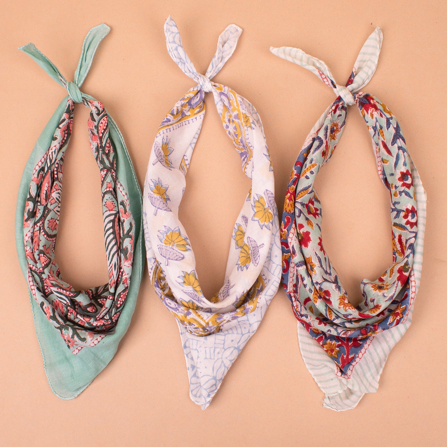Set of 3 - Boho Cotton Bandana with Unique Prints | Trendy Head Scarf for Travel, Festivals & Daily Fashion