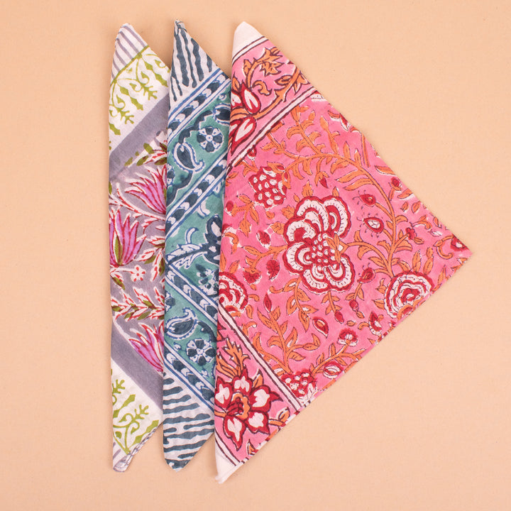 Set of 3 – Hand Block Cotton Bandanas | Head Scarf &amp; Hair Wrap