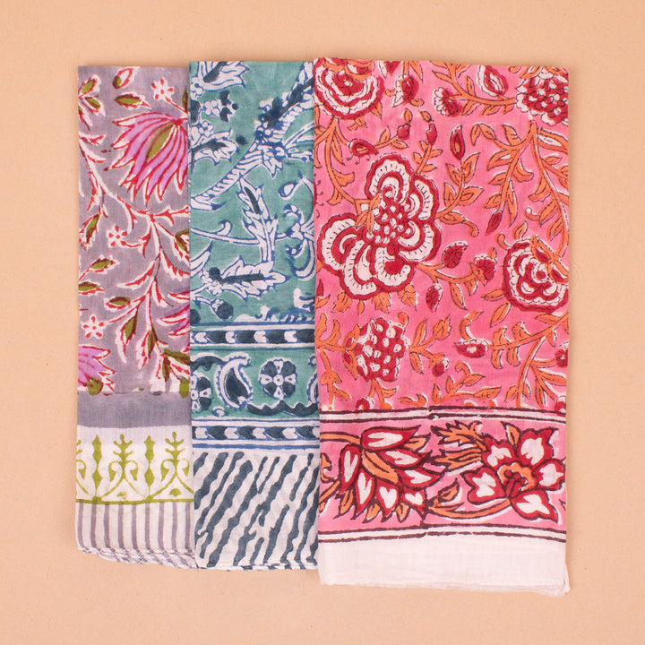 Set of 3 – Hand Block Cotton Bandanas | Head Scarf &amp; Hair Wrap