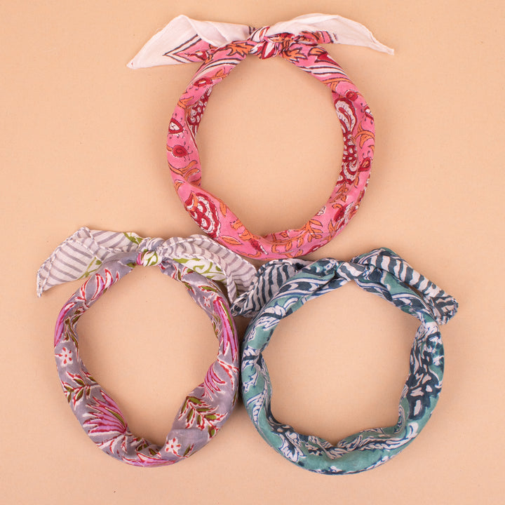 Set of 3 – Hand Block Cotton Bandanas | Head Scarf &amp; Hair Wrap