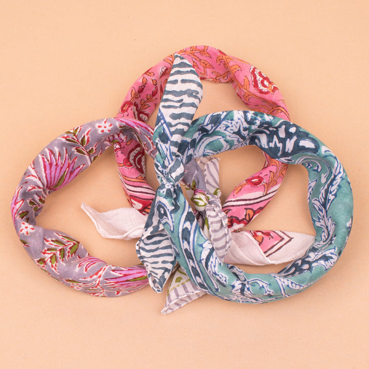 Set of 3 – Hand Block Cotton Bandanas | Head Scarf &amp; Hair Wrap