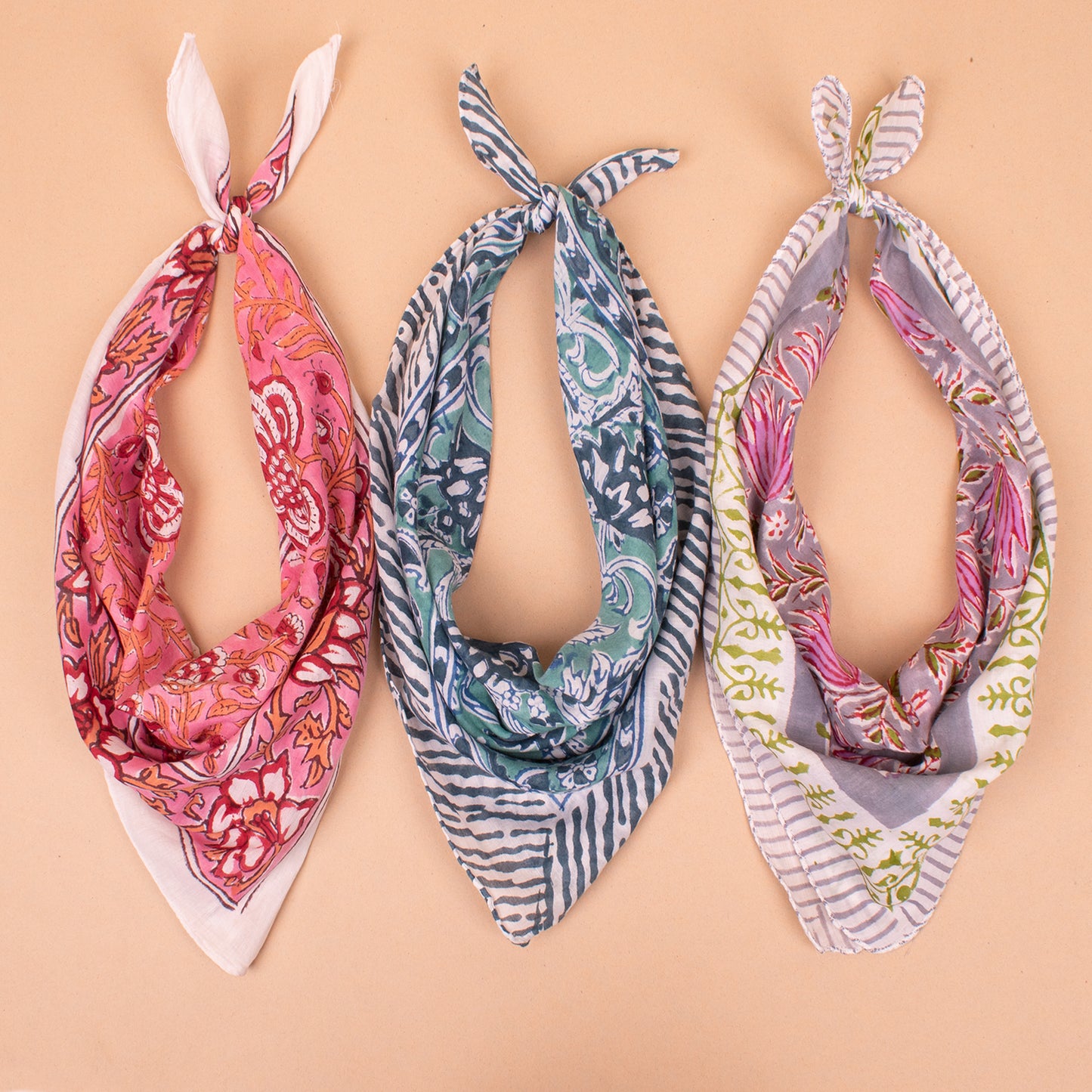 Set of 3 - Hand Block Printed Cotton Bandana | Traditional Inspired Head Scarf with Comfortable Cotton Fabric