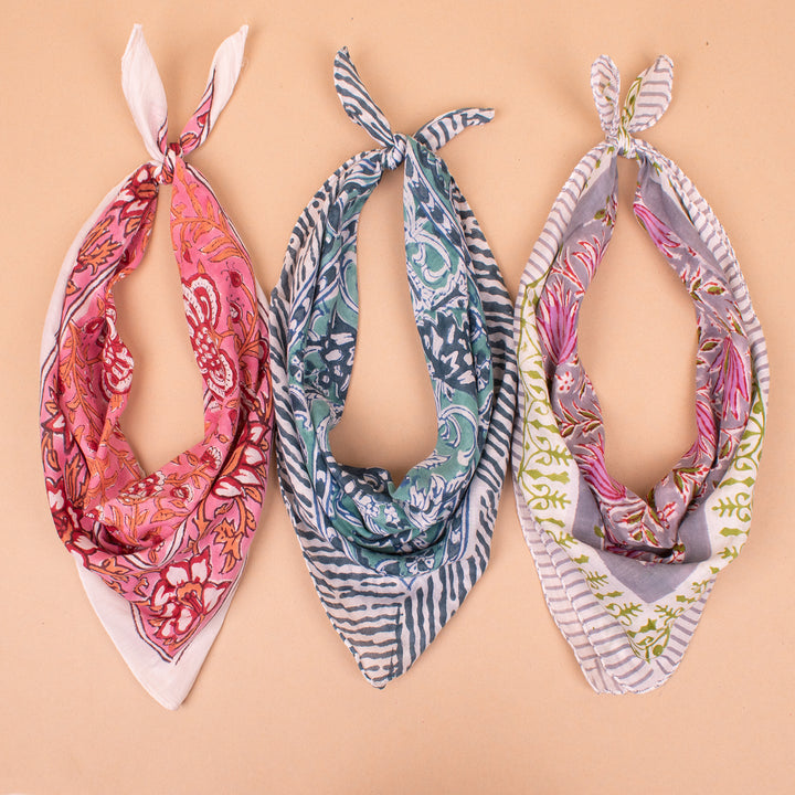 Set of 3 – Hand Block Cotton Bandanas | Head Scarf &amp; Hair Wrap