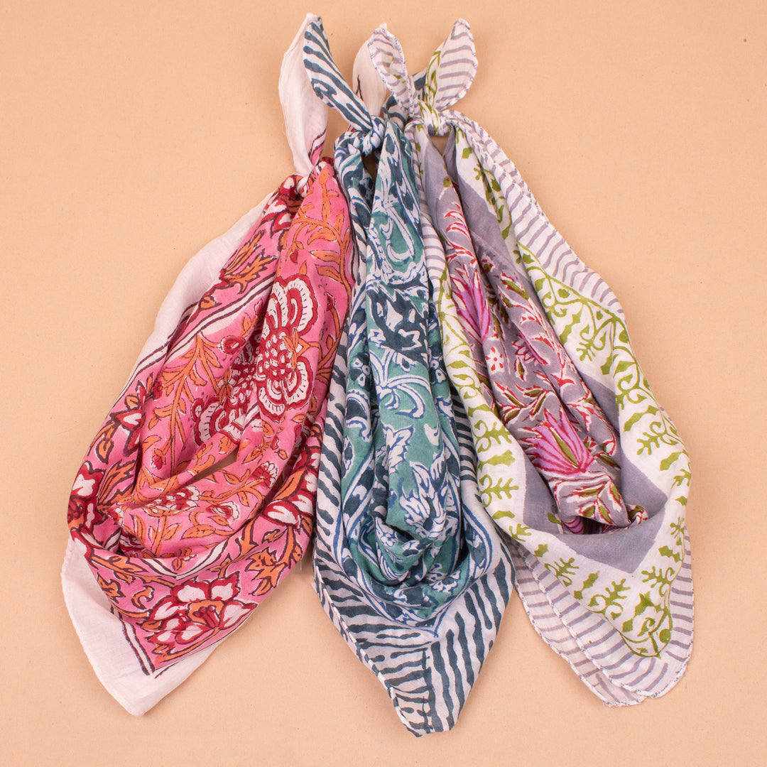 Set of 3 – Hand Block Cotton Bandanas | Head Scarf &amp; Hair Wrap