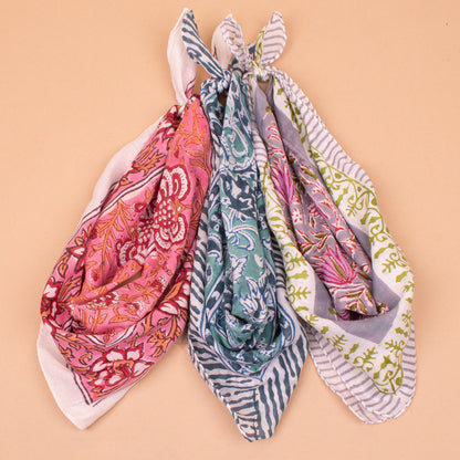 Set of 3 - Hand Block Printed Cotton Bandana | Traditional Inspired Head Scarf with Comfortable Cotton Fabric