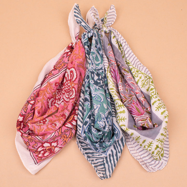 Set of 3 – Hand Block Cotton Bandanas | Head Scarf &amp; Hair Wrap