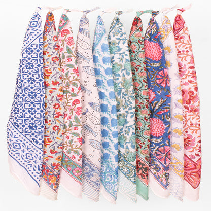 Set of 10 - Hand Block Print Cotton Bandana | Lightweight Hair Scarf and Stylish Fashion Accessory