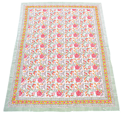 Hand Block Print Cotton Tablecloth, Boho Floral Table Cover, Handmade Dining Decor - 90x108
