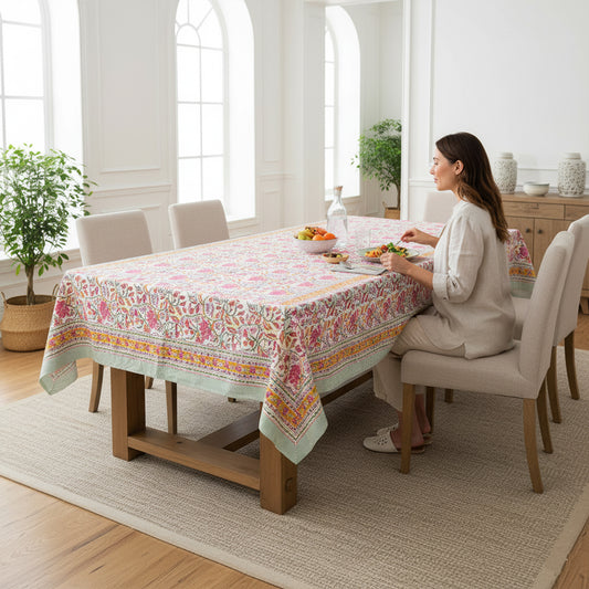 Hand Block Print Cotton Tablecloth, Boho Floral Table Cover, Handmade Dining Decor - 90x108