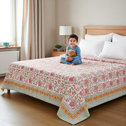 Hand Block Print Cotton Tablecloth, Boho Floral Table Cover, Handmade Dining Decor - 90x108