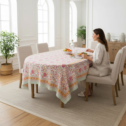 Hand Block Print Cotton Tablecloth, Boho Floral Table Cover, Handmade Dining Decor - 90x108