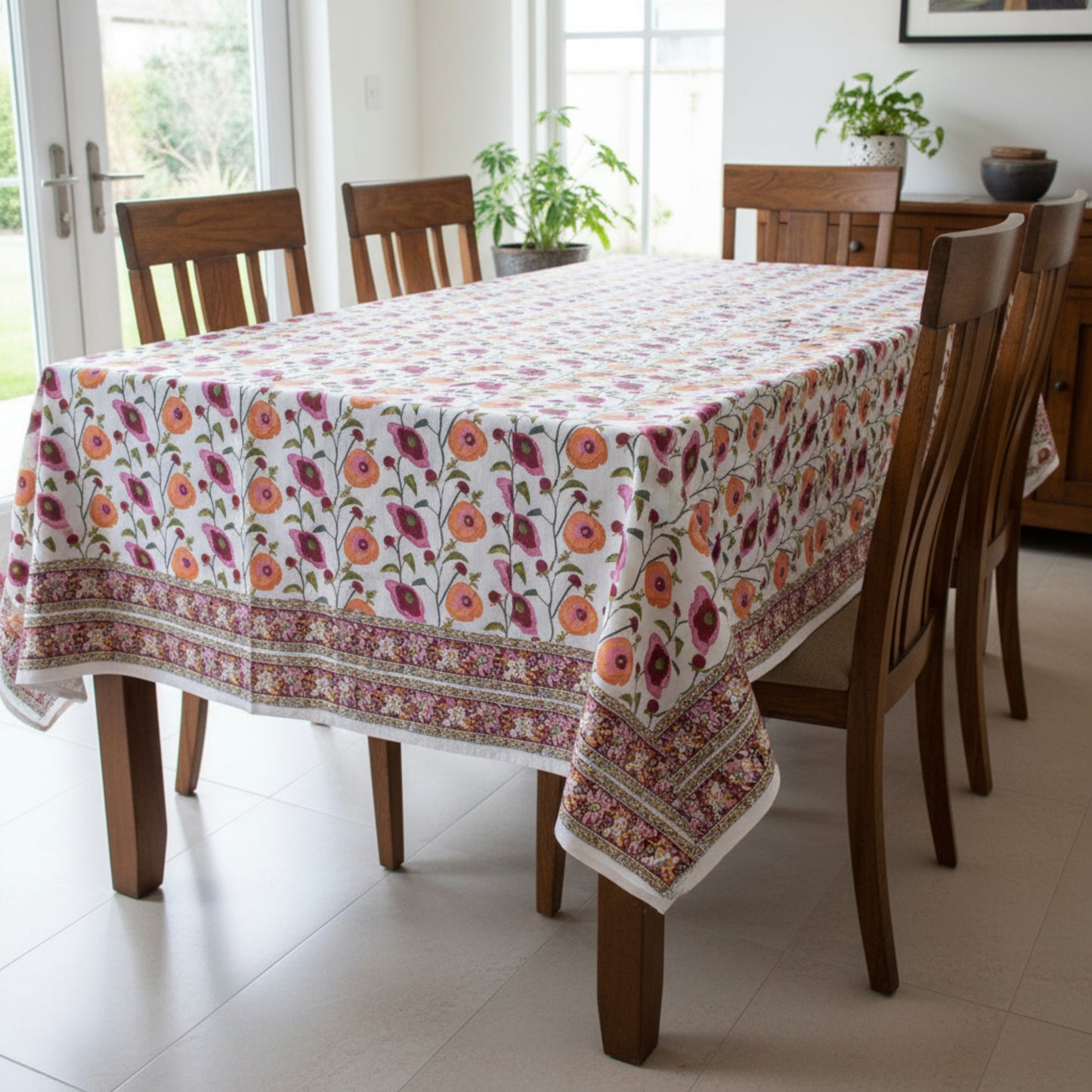 Block Print Cotton Tablecloth, Boho Table Cover, Farmhouse Dining Linen - 90x108