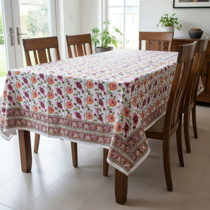 Block Print Cotton Tablecloth, Boho Table Cover, Farmhouse Dining Linen - 90x108