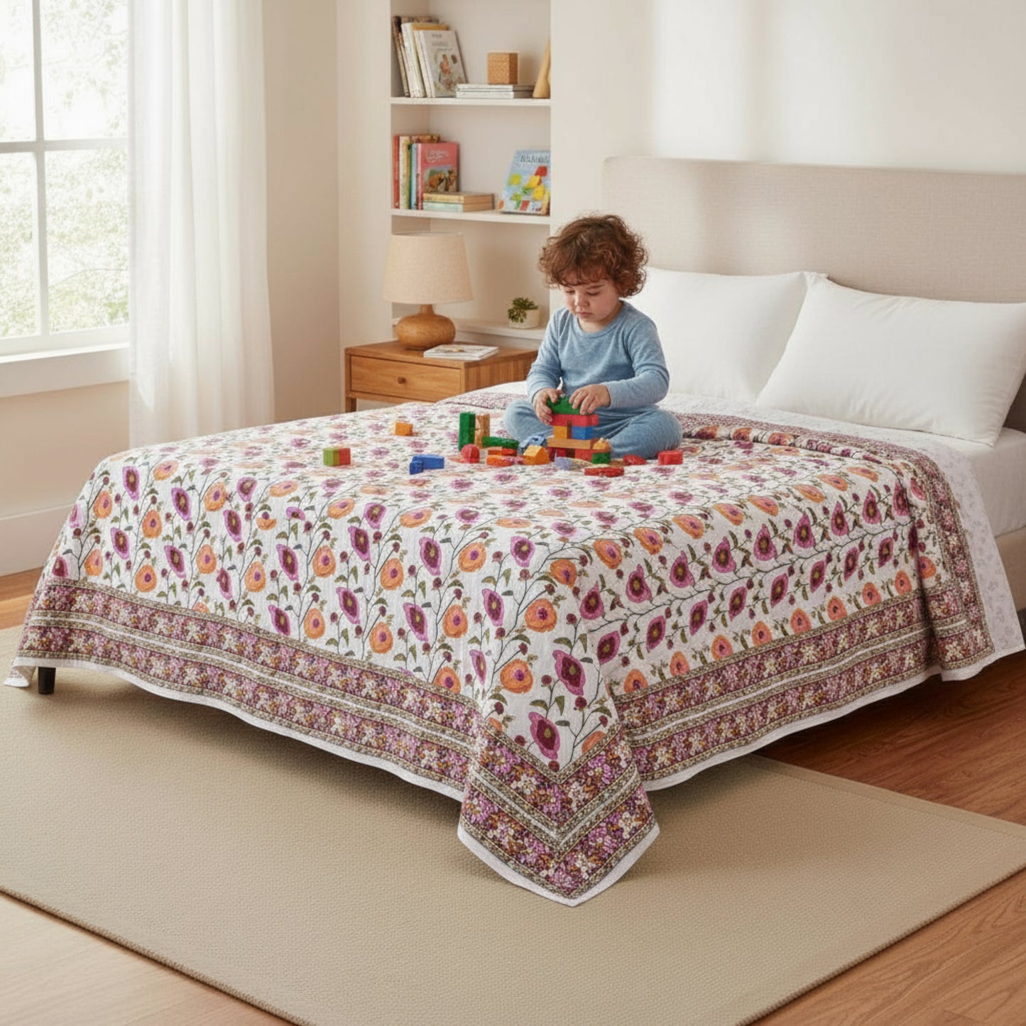 Block Print Cotton Tablecloth, Boho Table Cover, Farmhouse Dining Linen - 90x108