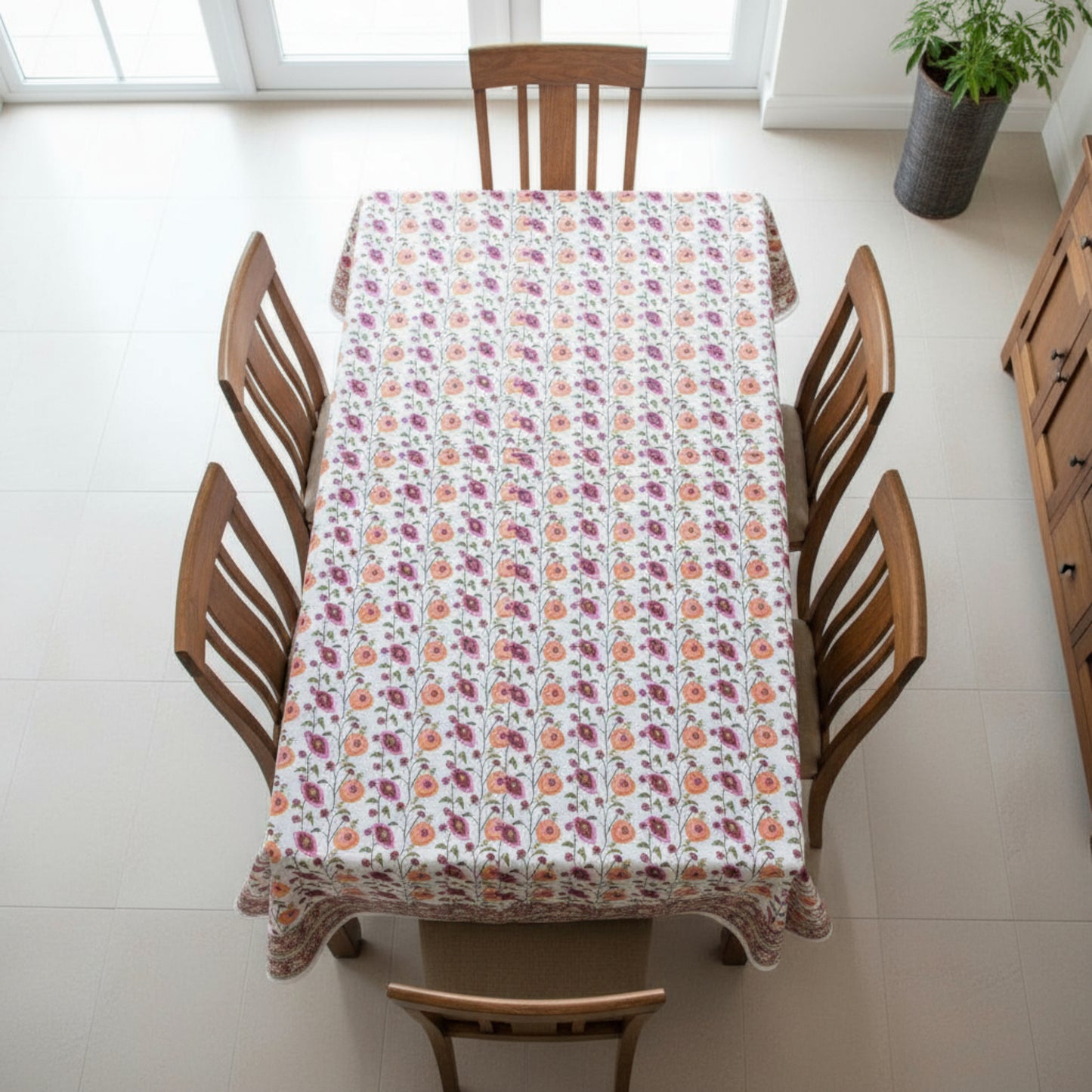 Block Print Cotton Tablecloth, Boho Table Cover, Farmhouse Dining Linen - 90x108