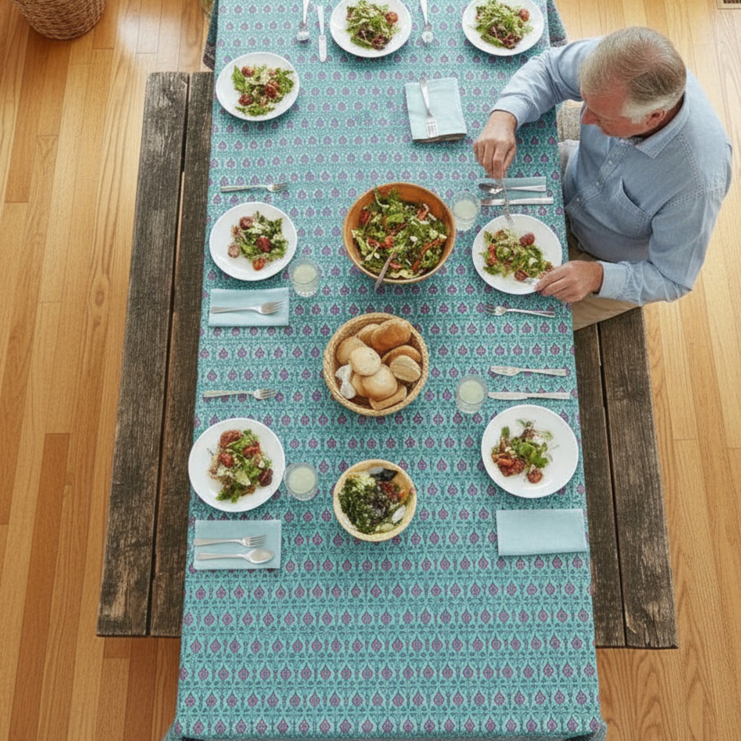 Handmade Cotton Tablecloth, Block Print Dining Cover, Farmhouse Kitchen Decor - 90x108
