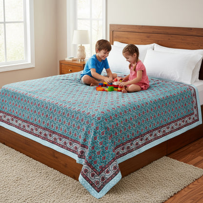 Handmade Cotton Tablecloth, Block Print Dining Cover, Farmhouse Kitchen Decor - 90x108