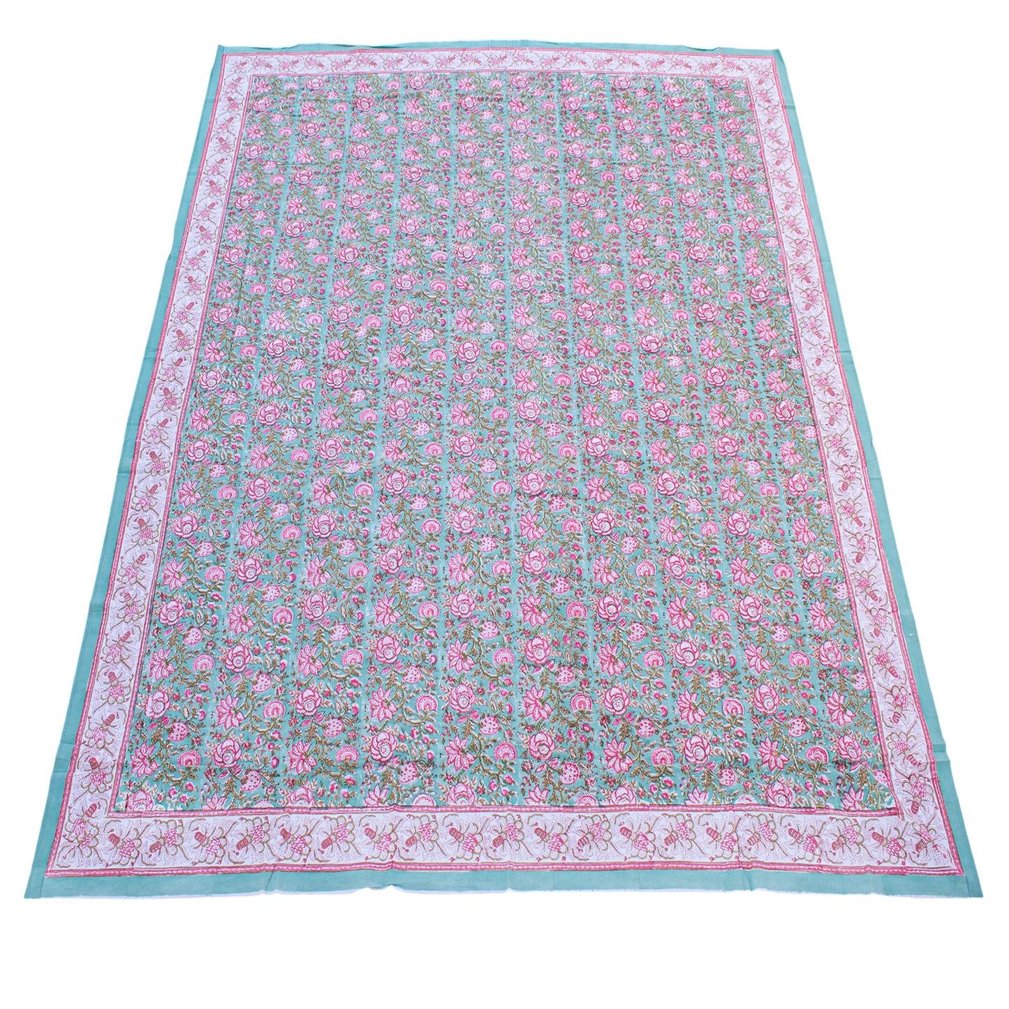 Floral Block Printed Cotton Tablecloth, Boho Table Linen, Handmade Home Decor - 90x108