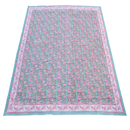 Floral Block Printed Cotton Tablecloth, Boho Table Linen, Handmade Home Decor - 90x108